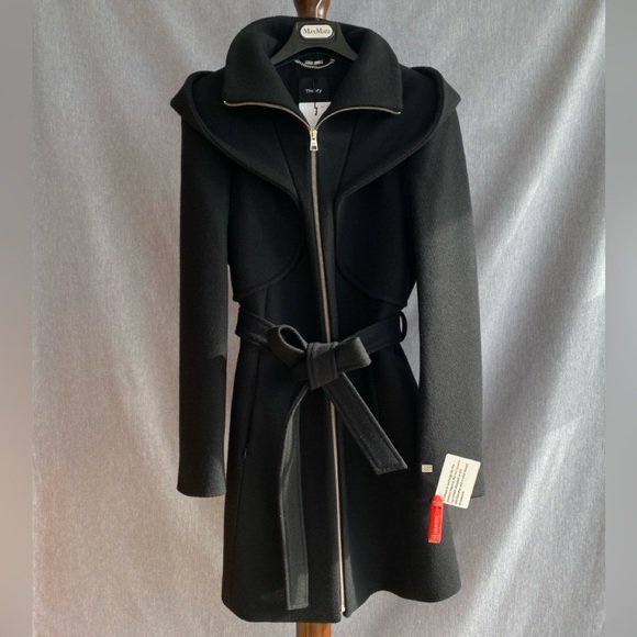 NWT Theory | Hooded Full Zip Black Wool - Blend Belt Coat - Picture 1 of 12
